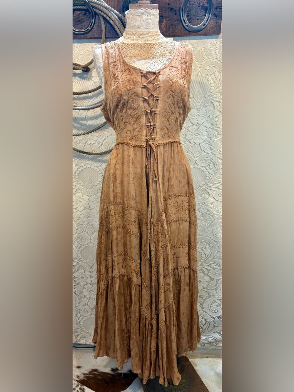 Scully Tan Bohemian Lace-Up Embroidered Maxi Dress